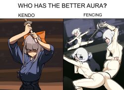  2girls absurdres ass blue_hakama bodysuit centurii-chan covering_own_mouth dojo dougi english_text epee fabulous fencer fencing fencing_suit foil_(fencing) glaring hair_ribbon hakama hakama_skirt hand_over_own_mouth highres holding holding_weapon japanese_clothes joudan_(stance) kendo meme multiple_girls orange_ribbon original rapier-chan_(centurii-chan) ribbon samurai_(centurii-chan) shinai skirt sword weapon white_bodysuit wooden_sword 