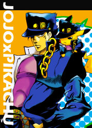  1boy animal belt black_hair chain clothed_pokemon cosplay crossover emblem gakuran gen_1_pokemon hat jojo_no_kimyou_na_bouken kujo_jotaro_(cosplay) kuujou_joutarou looking_at_viewer male_focus multiple_belts nintendo on_shoulder one_eye_covered pikachu pink_shirt pokachuu pokemon pokemon_(creature) pokemon_on_shoulder school_uniform shirt stardust_crusaders two-tone_belt 