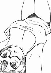  1girl armpits blush bokutachi_wa_benkyou_ga_dekinai breasts cleavage covered_erect_nipples downblouse female_focus glasses large_breasts looking_at_viewer lying monochrome no_bra ogata_rizu on_back parted_lips short_hair simple_background solo traditional_media triangle_mouth watermelon_(pixiv368957) white_background 