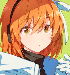  1girl :o a.i._voice adachi_rei black_shirt fuyuki_eru gloves hair_between_eyes hair_ribbon headphones jacket looking_at_viewer orange_background orange_hair portrait ribbon shirt solo utau white_gloves white_jacket white_ribbon 