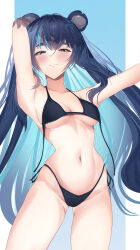  1girl absurdres animal_ears bear_ears bear_girl bikini black_bikini blue_eyes blue_hair breasts closed_mouth colored_inner_hair demise_(official_makuu) fujikura_uruka highres long_hair medium_breasts multicolored_hair navel phase_connect solo swimsuit thick_eyebrows undone_bikini virtual_youtuber 