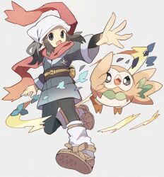  1girl akari_(pokemon) black_eyes black_hair black_pants brown_shoes commentary_request full_body gen_7_pokemon grey_background grey_jacket headscarf highres jacket layered_sleeves long_sleeves nintendo open_mouth outstretched_arm pants pokemon pokemon_(creature) pokemon_legends:_arceus red_scarf rowlet scarf shoes short_hair short_over_long_sleeves short_sleeves simple_background socks white_headscarf white_socks yupo_0322 