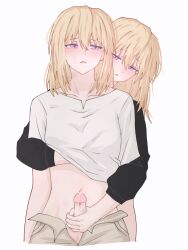  2girls absurdres bang_dream! bang_dream!_it&#039;s_mygo!!!!! blonde_hair blush commentary cum firman_acker futa_with_female futanari groping half-siblings hand_under_clothes handjob highres incest long_hair medium_hair misumi_uika misumi_uika&#039;s_sister multiple_girls navel open_mouth penis purple_eyes shirt short_sleeves siblings simple_background sisters white_background white_shirt 