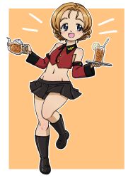  1girl adapted_costume armpits black_boots black_skirt blue_eyes blush boots braid breasts cup detached_sleeves drinking_glass drinking_straw food fruit girls_und_panzer glass_teapot groin holding holding_teapot holding_tray iced_tea jacket lemon lemon_slice midriff miniskirt navel open_mouth orange_background orange_hair orange_pekoe_(girls_und_panzer) pleated_skirt red_jacket simple_background skirt small_breasts smile st._gloriana&#039;s_military_uniform takahashi_kurage teapot tray twin_braids 