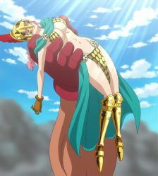  1girl anime_screenshot armor bikini_armor breasts cloud fainted highres large_breasts navel one_piece pink_hair rebecca_(one_piece) rolling_logan stitched third-party_edit unconscious  rating:Questionable score:37 user:Dekken