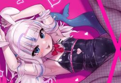  1girl alternate_costume animal_ear_hairband animal_ears arms_up black_leotard blue_eyes blue_streaks card clothing_cutout detached_collar fake_animal_ears fins fish_tail fishnet_pantyhose fishnets flat_chest gawr_gura hair_ornament hairband heart heart_cutout hololive hololive_english kurohi_drw leotard looking_at_viewer lying on_back pantyhose playboy_bunny playing_card rabbit_ears rabbit_hole_(vocaloid) shark_girl shark_hair_ornament shark_tail solo tail virtual_youtuber white_hair white_hairband 