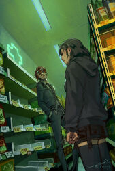  1boy 1girl black_hair clenched_hand commentary earrings english_commentary final_fantasy final_fantasy_vii food food_packaging formal_clothes hood hoodie indoors jewelry long_hair perspective price_tag red_eyes red_hair reno_(ff7) shelf shop standing suit tifa_lockhart toherrys 