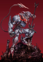  absurdres clenched_hand clenched_teeth eko999 glowing glowing_eyes graze_(mobile_suit) gundam gundam_barbatos gundam_barbatos_lupus_rex gundam_tekketsu_no_orphans highres holding holding_detached_head holding_sword holding_weapon mecha mechanical_tail no_humans open_hand red_eyes redesign robot science_fiction solo standing sword tail teeth v-fin weapon  rating:Sensitive score:10 user:danbooru