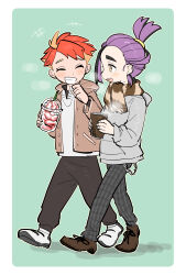  +++ absurdres alternate_costume black_hair black_pants blush brown_jacket brown_shoes closed_eyes crispin_(pokemon) cup dezigos7hi98358 disposable_cup drinking_straw grey_hoodie highres holding holding_cup hood hooded_jacket hoodie jacket kieran_(pokemon) long_sleeves male_focus mole mole_on_neck multiple_boys nintendo open_mouth orange_hair pants pokemon pokemon_sv purple_hair red_hair scarf shoes simple_background steam walking white_shoes 