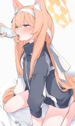 1boy 1girl animal_ears black_jacket blue_archive blue_eyes bottle commentary flower hair_flower hair_ornament hairband halo highres holding holding_bottle jacket long_hair long_sleeves mari_(blue_archive) mari_(track)_(blue_archive) mikozin official_alternate_costume open_mouth orange_hair plastic_bottle sexually_suggestive sitting solo_focus tongue tongue_out track_jacket track_suit very_long_hair white_hairband rating:Sensitive score:94 user:danbooru