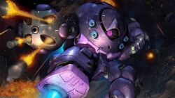  absurdres aggjin battle beam_cannon copyright_logo explosion firing_at_viewer gundam gundam_battle_operation_2 gundam_msv highres machinery mecha mecha_focus missile missile_pod mobile_suit moon_gundam no_humans one-eyed realistic robot science_fiction space sunrise_(company) thrusters weapon zeon 