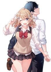  1boy 1girl ;d back-to-back black_hair black_pants black_skirt black_socks blonde_hair blue_eyes blush bow bowtie breasts brown_shoes brown_sweater_vest closed_mouth collared_shirt commentary_request cover cover_image cover_page grey_eyes hair_between_eyes hair_ornament hairclip hand_up holding_another&#039;s_wrist ike_touka large_breasts loafers looking_at_another looking_at_viewer looking_back medium_hair miniskirt novel_cover official_art one_eye_closed open_mouth pants plaid_clothes plaid_skirt pleated_skirt red_bow red_bowtie school_uniform shirt shoes short_hair simple_background skirt sleeves_rolled_up small_sweatdrop smile socks standing sweater_vest tomari_(veryberry00) tomoki_yuuji v white_background white_shirt wing_collar yuujin_chara_no_ore_ga_motemakuru_wakenaidaro? 
