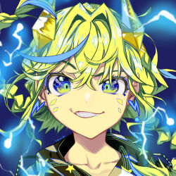  1girl artist_name black_shirt blonde_hair blue_background blue_eyes blue_hair braid collarbone commentary dragon_girl dragon_horns earrings electricity eudetenis facial_mark fang fang_out floating_hair hair_between_eyes hair_intakes highres horns jewelry long_hair looking_at_viewer low_twin_braids multicolored_eyes multicolored_hair original portrait print_shirt raised_eyebrow shirt smirk smug solo star_(symbol) star_facial_mark star_print straight-on streaked_hair twin_braids weizen_(eudetenis) yellow_eyes yellow_horns 