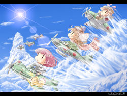  &gt;_&lt; 10s 6+girls a6m_zero above_clouds absurdres ace_combat aichi_d3a aircraft airplane aqua_hair aviator_cap black_serafuku blonde_hair blue_sky chibi closed_eyes cloud cloudy_sky day failure_penguin fairy_(kancolle) flying_sweatdrops goggles goggles_on_head hairband highres kantai_collection long_hair mecha_to_identify military_vehicle multiple_girls neckerchief propeller_fighter purple_hair reppuu_(kancolle) scarf school_uniform serafuku shiba_inu shiden_kai_2_(kancolle) sky suisei_(kancolle) sun torpedo twintails type_0_fighter_model_52_fairy type_99_dive_bomber_fairy vehicle_focus yokosuka_d4y zero_(kantai_collection) zuzuzu |_| 