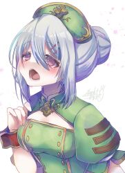  1girl bracelet breasts dress emil_chronicle_online from_side ghost_alma green_dress grey_hair hair_bun hat highres jewelry large_breasts nurse_cap open_mouth red_eyes satsuki_atan upper_body 