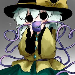  1girl black_hat covering_own_mouth frilled_sleeves frills gradient_background green_skirt grey_background hat hat_ribbon heripantomorrow komeiji_koishi looking_at_viewer ribbon shirt skirt solo third_eye touhou white_hair yellow_ribbon yellow_shirt 