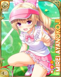 1girl angry ayanokoji_mirei ball blonde_hair blouse bow card character_name curly_hair drill_hair female_focus girlfriend_(kari) hair_ornament holding kneeling long_hair official_art open_mouth ouju outdoors pink_bow pink_skirt pointing pointing_at_viewer purple_eyes qp:flapper racket ringlets shirt shoes skirt solo sportswear tagme tennis_ball tennis_court tennis_racket tennis_uniform very_long_hair white_legwear white_shirt
