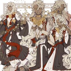  1boy absurdly_long_hair absurdres arm_tattoo barefoot black_nails bracelet braid closed_mouth commentary dark-skinned_male dark_skin elbow_rest fate/grand_order fate_(series) floating flower_knot foot_tattoo frown full_body gold_bracelet gold_ring grin hand_on_own_cheek hand_on_own_face highres holding holding_scroll jewelry long_hair looking_at_viewer m_12170 male_focus multiple_bracelets multiple_rings multiple_views neck_ring orange_eyes outline outstretched_arms parted_lips reaching reaching_towards_viewer reading ring scroll side_braid simple_background sitting smile solomon_(fate) sparkle tassel tattoo very_long_hair white_background white_hair white_outline wide-eyed 