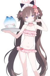 1girl absurdres animal_ears bare_arms bare_shoulders bikini blue_archive bowl breasts brown_hair choker closed_mouth collarbone commentary_request flower hair_flower hair_ornament halo head_tilt highleg highleg_bikini highres holding holding_tray jyt long_hair looking_at_viewer pink_bikini pink_choker pink_flower purple_eyes red_flower shizuko_(blue_archive) shizuko_(swimsuit)_(blue_archive) simple_background small_breasts smile solo swimsuit tray twintails very_long_hair white_background rating:Sensitive score:76 user:danbooru