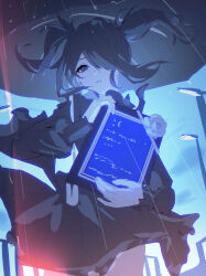  1girl absurdres ame-chan_(needy_girl_overdose) black_dress black_eyes black_hair black_nails black_umbrella blue_screen_of_death commentary cowboy_shot dress expressionless flower frilled_dress frills from_above funeral_dress hair_ornament hair_over_one_eye highres holding holding_tablet_pc iei implied_death junpaku_karen long_sleeves microsoft_windows mourning needy_girl_overdose outdoors rain red_nails rose tablet_pc twintails umbrella white_flower white_rose windows_10 x_hair_ornament 
