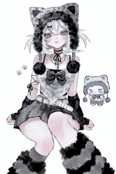  1girl :3 absurdres animal_hands arm_ribbon artist_name bare_shoulders belt black_arm_warmers black_bow black_choker black_leg_warmers black_ribbon black_sleeves black_tank_top black_undershirt blue_eyes blush bow breasts cat_girl cat_paws chain choker cleavage commentary cowboy_shot crossed_bangs detached_sleeves dot_nose fur-trimmed_headwear fur_trim grey_hat grey_skirt hair_between_eyes hair_bow hair_ornament hairpin hat hat_with_ears highres leg_warmers looking_at_viewer medium_breasts medium_hair midriff_peek neck_ribbon original oysi_mysi pom_pom_(clothes) ribbon shirt simple_background sitting skirt slit_pupils smile solo_focus striped_leg_warmers symbol-only_commentary tank_top white_background white_belt white_hair white_shirt yuki_(oysi_mysi) 