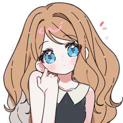  1girl artist_name bare_arms bare_shoulders black_shirt blue_eyes blush brown_hair closed_mouth collarbone collared_shirt commentary contrast_collar grey_outline hand_up highres long_hair looking_at_viewer nintendo outline pokemon pokemon_xy serena_(pokemon) shirt simple_background sleeveless sleeveless_shirt solo symbol-only_commentary upper_body white_background yalmyu 