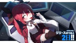 1girl absurdres ahoge black_necktie black_thighhighs bow candy chair collared_shirt crossed_legs date_a_live food hair_between_eyes hair_bow highres indoors itsuka_kotori jacket lollipop long_sleeves looking_to_the_side necktie red_eyes red_hair red_jacket shirt sitting solo thighhighs twintails useq1067 rating:General score:1 user:danbooru