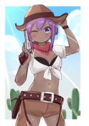  1girl ;) arm_up belt belt_buckle blush breasts brown_belt brown_hat brown_pants buckle cactus cleavage closed_mouth clothing_cutout cowboy cowboy_hat cowboy_western dark-skinned_female dark_skin day fate/prototype fate/prototype:_fragments_of_blue_and_silver fate_(series) female_focus front-tie_top gun hair_between_eyes hand_on_headwear hand_up handgun hassan_of_serenity_(fate) hat highres holding holding_gun holding_weapon i.u.y navel one_eye_closed pants purple_eyes purple_hair revolver shirt small_breasts smile solo thigh_cutout tied_shirt v-shaped_eyebrows weapon western white_shirt  rating:Sensitive score:9 user:danbooru