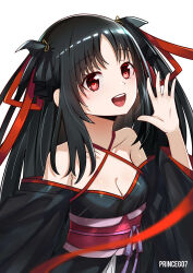  absurdres black_hair black_kimono commission hair_ribbon highres japanese_clothes kimono kimono_skirt machine-doll_wa_kizutsukanai obi pixiv_commission princeg07 red_eyes ribbon sash short_kimono short_yukata watermark yaya_(machine-doll) yukata 