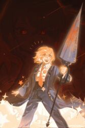  2girls absurdres black_coat coat collared_shirt cowboy_shot don_quixote_(project_moon) dual_persona highres holding holding_polearm holding_weapon lance lapels limbus_company multiple_girls necktie notched_lapels oneii open_mouth polearm project_moon red_necktie sancho_(project_moon) shirt shooting_star smile sparkle sparkling_eyes star_(symbol) weapon white_shirt  rating:General score:1 user:danbooru