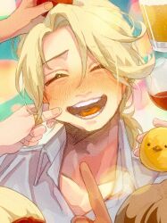 1boy 1girl 2others 3boys axis_powers_hetalia bird blonde_hair blush cheek_pull closed_eyes cup drinking_glass facial_hair france_(hetalia) goatee_stubble highres low_ponytail male_focus medium_hair monaco_(hetalia) multiple_boys multiple_others open_mouth ponytail prussia_(hetalia) rf_bonne spain_(hetalia) stubble tomato wine_glass 
