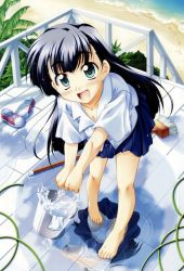 aqua_eyes barefoot beach black_hair blush converse day feet girl&#039;s_avenue long_hair megami_magazine panties pantyshot reflection reflective_water shoes skirt smile solo takeya_masami underwear water wet white_panties rating:Sensitive score:7 user:danbooru