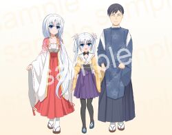  1boy 2girls :d ^_^ aged_down black_hair black_hakama black_pantyhose blue_eyes blush breasts chinese_commentary cleavage clenched_hand closed_eyes closed_mouth collar collarbone commentary_request commission eyes_visible_through_hair facing_viewer family father_and_daughter flower frilled_collar frills fuchuangzi_summerwind full_body hair_between_eyes hair_flower hair_ornament hakama hakama_skirt holding_hands husband_and_wife japanese_clothes kimono large_breasts long_hair long_sleeves looking_at_viewer low_ponytail mother_and_daughter multiple_girls nontraditional_miko open_mouth pantyhose pink_kimono pixel_art ponytail purple_hakama red_hakama ribbon-trimmed_sleeves ribbon_trim sample_watermark senren_banka short_hair side-by-side simple_background skirt smile split_mouth tabi tomotake_akiho tomotake_yasuharu tomotake_yoshino two-tone_kimono very_long_hair watermark white_flower white_hair white_kimono wide_sleeves yellow_background yellow_kimono 