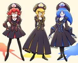  3girls arms_behind_back black_dress blonde_hair blue_hair dress flamberge_(kirby) francisca_(kirby) full_body heart highres humanization kirby_(series) lilowleelani looking_at_viewer multiple_girls nintendo one_eye_closed red_hair shadow standing zan_partizanne  rating:General score:2 user:danbooru