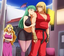  absurdres arm_between_breasts bag bat_wings between_breasts black_skirt blonde_hair breasts capcom darkstalkers dating eliza_masters green_eyes green_hair head_wings highres holding_another&#039;s_arm ken_masters kmkz-art morrigan_aensland non-web_source outdoors pocket_fighter shopping shopping_bag skirt street_fighter surprised thighhighs wings 