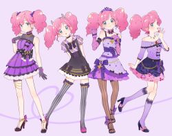 :d :o aikatsu! aikatsu!_(series) amahane_madoka ankle_bow ankle_ribbon arm_at_side arms_behind_back bare_arms bare_shoulders black_bow black_footwear black_gloves black_skirt blue_eyes blush booota bow brooch brown_footwear brown_pantyhose choker dress dress_bow elbow_gloves facing_ahead fake_horns fishnet_gloves fishnets frilled_choker frills from_side full_body gloves grey_thighhighs hair_bow hand_up hands_up happy high_heels horns idol jewelry kneehighs lace-trimmed_socks layered_dress leg_ribbon legs_apart light_smile long_sleeves looking_at_viewer medium_hair miniskirt multiple_views necklace off-shoulder_shirt off_shoulder open_mouth pantyhose pink_hair pink_shoes plaid_clothes plaid_shirt polka_dot polka_dot_bow purple_background purple_bow purple_dress purple_footwear purple_gloves purple_shirt purple_skirt purple_socks ribbon shirt shoes short_dress sidelocks skirt sleeveless sleeveless_dress smile socks standing standing_on_one_leg striped_clothes striped_pantyhose striped_thighhighs suspender_skirt suspenders thighhighs tiara twintails vertical-striped_clothes vertical-striped_pantyhose vertical-striped_thighhighs wrist_cuffs zettai_ryouiki rating:General score:4 user:danbooru