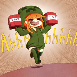  1girl :d =_= absurdres at2. beheaded_kamikaze blonde_hair blush_stickers chibi closed_eyes creeparka creeper cupa_(at2.) emphasis_lines explosive female_focus full_body gloves green_thighhighs hair_between_eyes highres holding hood hoodie long_sleeves minecraft mob_talker open_mouth parody personification running serious_sam shadow short_hair sidelocks smile solo thighhighs tnt tnt_block_(minecraft) tongue 