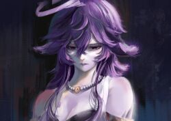  1girl absurdres arhiel bikini black_background black_bikini breasts cleavage closed_mouth colored_skin eyelashes grey_skin hair_between_eyes halo highres indie_virtual_youtuber jewelry long_hair megalodon_(vtuber) necklace pearl_necklace purple_eyes purple_hair purple_lips swimsuit virtual_youtuber 