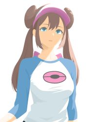  1girl absurdres aqua_eyes breasts brown_hair commentary_request double_bun eyelashes hair_bun highres long_hair majikichi915 nintendo open_mouth pantyhose pokemon pokemon_bw raglan_sleeves rosa_(pokemon) shirt solo three-quarter_sleeves twintails upper_body visor_cap 
