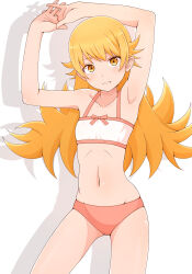  1girl absurdres armpits arms_up bakemonogatari bikini blonde_hair closed_mouth collarbone fang highres ito_kashiwamochi long_hair looking_at_viewer monogatari_(series) navel official_alternate_costume oshino_shinobu pink_bikini solo stomach swimsuit white_bikini yellow_eyes 