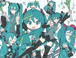 1girl aqua_eyes aqua_hair aqua_nails aqua_necktie black_boots black_skirt black_sleeves blush_stickers boots character_doll closed_mouth collared_shirt commentary detached_sleeves doll food grey_shirt hachune_miku hair_between_eyes hatsune_miku headset highres holding holding_food holding_spring_onion holding_vegetable long_hair looking_at_viewer mikudayo minazuki_(minaduki_0318) multiple_views musical_note nail_polish necktie o_o open_mouth shirt shiteyan&#039;yo skirt sleeveless sleeveless_shirt spring_onion thigh_boots twintails vegetable very_long_hair vocaloid