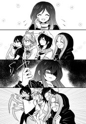 5girls ^_^ blush buddhist_nun closed_eyes commentary_request flying_sweatdrops foul_detective_satori glaring greyscale habit hagoromo hat highres hijiri_byakuren houjuu_nue kiritani_(marginal) kumoi_ichirin looking_at_another looking_at_viewer meme monochrome multiple_girls murasa_minamitsu nun peaked_cap pointing pointing_at_another rosary shawl smile tagme toramaru_shou touhou