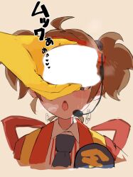  1girl 1other absurdres ahoge black_necktie blush blush_stickers breath brown_hair censored censored_food collared_shirt covered_eyes cropped_torso crying imadake_dabuchi_tabemi drooling fake_censor food grey_background headset heart highres holding holding_food jacket kaka_kaka_(2kaka_kaka6) light_censor mcdonald&#039;s microphone necktie open_mouth pinstripe_pattern pinstripe_shirt portrait saliva shirt short_hair simple_background solo_focus speech_bubble spoken_heart striped_clothes striped_shirt tears tongue tongue_out translation_request twintails vertical-striped_clothes vertical-striped_shirt white_shirt yellow_jacket 