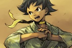  1girl black_eyes capcom choker commentary_request dougi female_focus fist_on_palm frown grey_hair hungry_clicker long_sleeves looking_to_the_side makoto_(street_fighter) male_focus open_mouth solo street_fighter street_fighter_iii upper_body yellow_background 