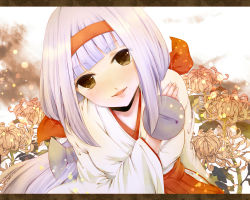  1girl ajimu_najimi bad_id bad_pixiv_id blunt_bangs female_focus flower hairband japanese_clothes ku_m letterboxed long_hair medaka_box miko ribbon screw solo white_hair  rating:Sensitive score:10 user:cashballer