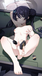  1girl 2025 armpits barefoot black_hair blue_archive blush breasts butterfly_hair_ornament completely_nude double_bun feet female_focus hair_bun hair_ornament halo highres holding kisaki_(blue_archive) legs loli long_hair long_twintails looking_at_viewer lying meng_yin navel nipples nude on_back one_eye_closed small_breasts smile solo stomach tagme thighs twintails 