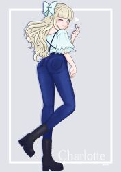  1girl ass black_boots blonde_hair blouse blunt_bangs boots bow breasts charlotte_(fire_emblem) denim e_m_a finger_heart fire_emblem fire_emblem_fates from_behind full_body hair_bow heart highres jeans long_hair long_legs medium_breasts nintendo one_eye_closed pants shirt solo 