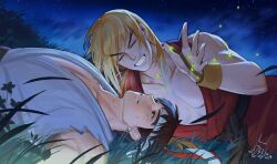  2boys absurdres bare_pectorals black_sash blonde_hair breath brown_hair bug closed_eyes collarbone dougi fingerless_gloves firefly forked_eyebrows gloves grass grin headband highres insect ken_masters lehmann long_hair looking_at_another lying male_focus multiple_boys on_back on_side outdoors pectorals plant red_dougi ryu_(street_fighter) sash short_hair short_sideburns signature sky smile star_(sky) star_(symbol) starry_sky street_fighter street_fighter_zero_(series) sweat teeth thick_eyebrows torn_clothes torn_sleeves tree very_sweaty white_headband 