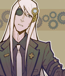  1boy ace_attorney bags_under_eyes black_shirt enoch_drebber eyebrows_hidden_by_hair gears grey_eyes heartgrooooove highres long_hair looking_at_viewer male_focus necktie one_eye_covered shirt solo the_great_ace_attorney white_hair white_necktie  rating:Sensitive score:1 user:danbooru