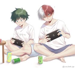  2boys aqua_eyes barefoot blush boku_no_hero_academia burn_scar can controller feet freckles game_controller green_eyes green_hair grey_eyes grey_shorts heterochromia highres holding holding_controller holding_game_controller male_focus midoriya_izuku multicolored_hair multiple_boys nintendo nintendo_switch open_mouth oumi_hrak_npr red_hair scar scar_on_face shirt short_hair shorts shounen_jump split-color_hair t-shirt todoroki_shouto toes tongue tongue_out two-tone_hair white_background white_hair white_shirt white_shorts  rating:General score:5 user:danbooru